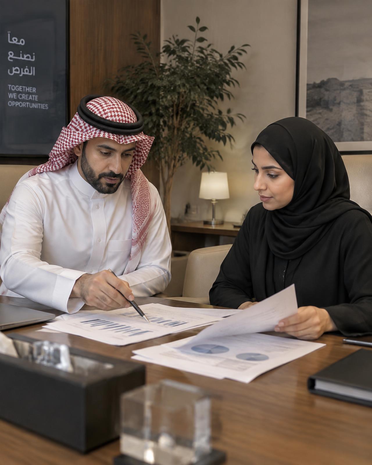 اجتماع مهني لمراجعة تقارير مالية مطبوعة